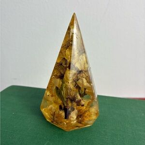 Vintage Resin Floral Pyramid Paperweight w/ Pressed Flowers